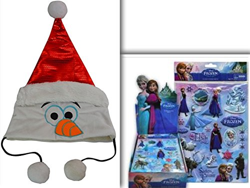 0754769510941 - FROZEN OLAF HOLIDAY & COSTUME PARTY ICE ADVENTURE BUNDLE: 2 ITEMS- ADORABLE OLAF HEAD POM POM HOLIDAY & CHRISTMAS HAT WITH SEQUINS & 13 PIECE FROZEN PUFFY STICKER SHEET