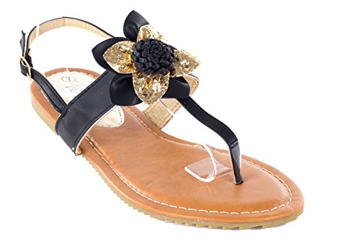 0755296093457 - VICTORIA K WOMEN BLACK OPEN TOES FLAT THONGS LAYERED LILLY SANDALS, 8