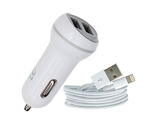 0755717232601 - APPLE IPHONE CAR CHARGER BY WIAMP® FOR IPHONE 6, IPHONE 6 PLUS, 6PLUS, 6S, 5, 5S, 5C - 2.1 AMP - DUAL USB COMPACT HIGH QUALITY - WHITE CABLE & CHARGER (GRAY)