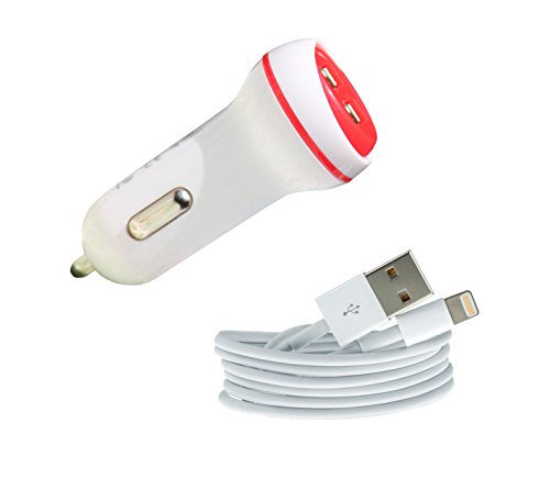 0755717232618 - WIAMP® APPLE IPHONE 6 / 6 PLUS / 5S 5C 5 CAR CHARGER - 2.1 AMP - DUAL USB COMPACT HIGH QUALITY - WHITE CABLE & CHARGER (RED)
