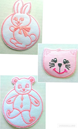 0755717501424 - 3 PC BABY PATCHES SET~PATCH BUNNY CIRCLE, TEDDY BEAR, CAT KITTEN FACE, PINK IRON ON APPLIQUE BADGE TODDLER CHILD APPLIQUES INFANT SEWING JACKET CLOTH EMBROIDERY