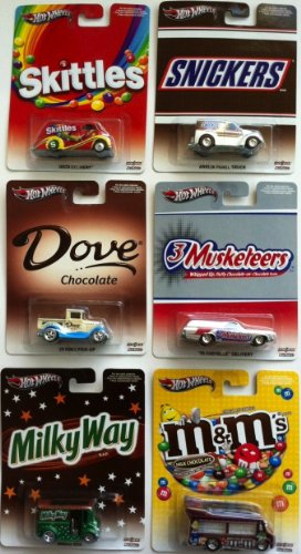 0755746454708 - HOT WHEELS 1:64 SCALE M&M'S SET OF 6 CARS, INCLUDES SKITTLES DECO DELIVERY, DOVE '29 FORD PICK-UP, MILKY WAY BREAD BOX, M&M'S SMOKIN GRILLE, 3 MUSKETEERS '70 CHEVELLE DELIVERY, AND SNICKERS ANGLIA PANEL TRUCK. REAL RIDERS, METAL/METAL