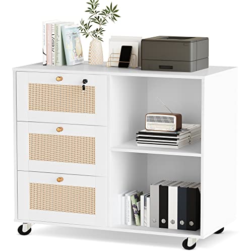 0755752071166 - AWQM WOOD LATERAL FILE CABINET, 3 DRAWERS MOBILE LATERAL FILING CABINET FOR HOME OFFICE,RATTAN SIDEBOARD BUFFET CABINET STORAGE CABINET PRINTER STAND WITH OPEN STORAGE SHELVES & LOCK,WHITE