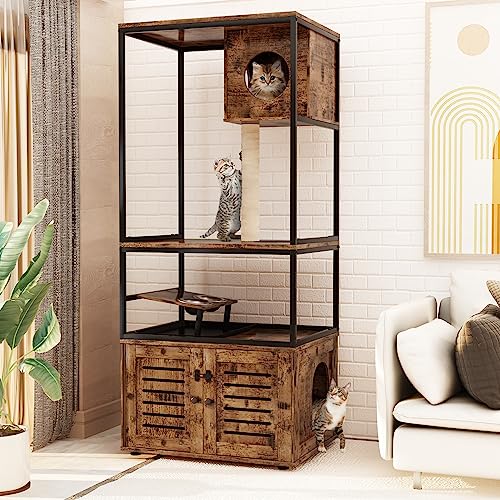 0755752240562 - AWQM LARGE CAT LITTER BOX ENCLOSURE,3 LEVEL CAT TREE TOWER WITH ELEVATED CAT FEEDING BOWL,SCRATCHING POSTS,HIDDEN CAT WASHROOM,KITTY CONDO,ALL-IN-ONE WOOD PET CAT HOUSE/CABINET FUNITURE,RUSTIC BROWN