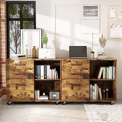 0755752278923 - AWQM 2PCS WOOD FILE CABINETS FOR HOME OFFICE, 3-DRAWER MOBILE LATERAL FILING CABINET WITH LOCK PRINTER STAND WITH STORAGE,OFFICE STORAGE CABINET PRINTER CABINET WITH ADJUSTABLE SHELVES,RUSTIC BROWN