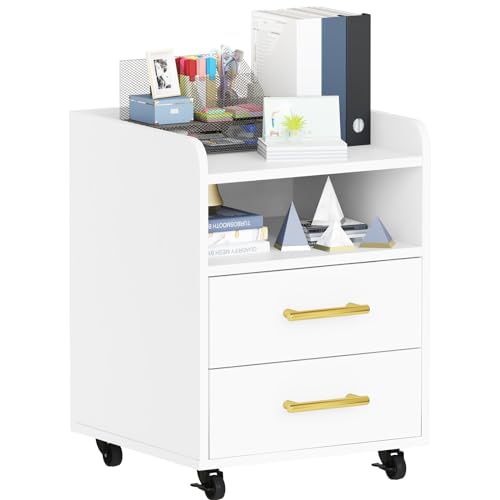 0755752279647 - AWQM MOBILE FILE CABINETS, 2 DRAWERS OFFICE STORAGE CABINET WITH OPEN SHELF, UNDER DESK DRAWERS CABINET PEDESTAL FILING CABINET, WHITE HOME OFFICE ORGANIZATION, 15.66 L*15.66 W*21.57 H