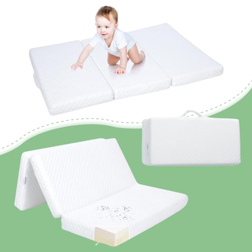 0755752469062 - MINI CRIB MATTRESS, 38” X 26” X 2.5” FOLDABLE TRAVEL PACK N PLAY MATTRESS WITH HANDLES, DUAL SIDED MEMORY FOAM BABY MATTRESS PAD WITH WASHABLE FABRIC COVER FOR INFANT & TODDLER, WHITE