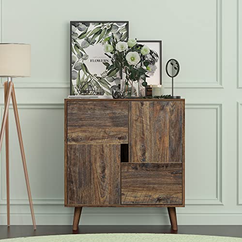 0755752472635 - IULULU BUFFET CABINET STORAGE WOODEN FLOOR SIDEBOARD WITH DOORS AND SHELVES, ACCENT CUPBOARD CONSOLE TABLE FOR DINING, LIVING ROOM, HALLWAY, RUSTIC BROWN