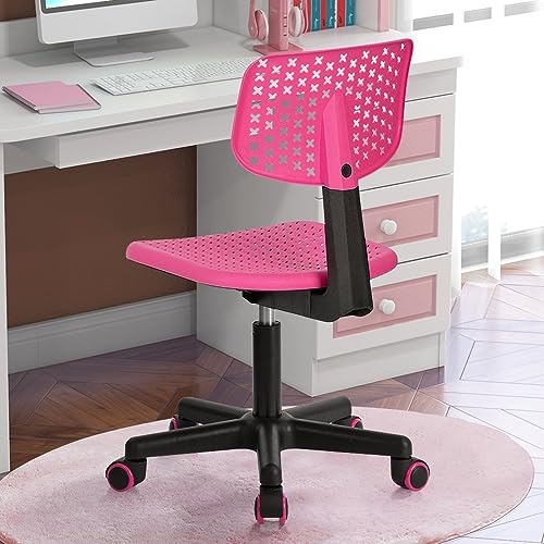 0755752473748 - FURNITURER KIDS DESK CHAIR ARMLESS CUTE KIDS OFFICE CHAIR, PLASTIC LOW BACK ROLLING HOME OFFICE TASK CHAIR WITH CUSHION SEAT ADJUSTABLE SWIVEL STUDY CHAIR FOR GIRLS BOYS STUDENT TEENS CHILDREN, PINK