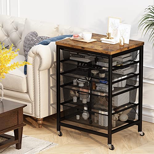 0755752530731 - AWQM ROLLING FILE STORAGE CABINET,5 DRAWERS CART ORGANIZER WITH LOCKABLE WHEELS,MOBILE OFFICE PRINTER STAND,HOME OFFICE UTILITY CART,RUSTIC BROWN & BLACK MESH