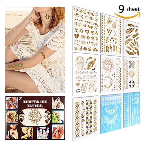 0756040600167 - TEMPORARY TATTOO ( 9 SHEET) 2 CHANGE THE COLOR IN THE SUN+5 SHEET METALLIC GOLD +2 SHEET ELEGANT SERIES WHITE LACE, NON-TOXIC, ECO-FRIENDLY, EASY TO APPLY AND LONG LASTING