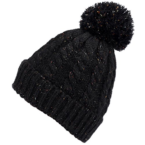 0756040600211 - PARAGON WINTER WARM KNIT SKULL HAT BEANIE CAP FLEECE LINING THICK SLOUCHY CABLE WITH POM(BLACK)