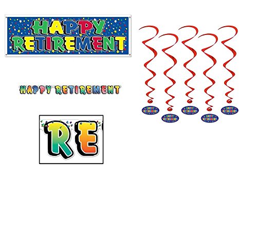 0756406995791 - HAPPY RETIREMENT - PARTY DECORATION SET - 5 DANGLING WHIRLS - SIGN BANNER - JOINTED STREAMER - DECOR CONGRATS OFFICE RETIREE PARTIES