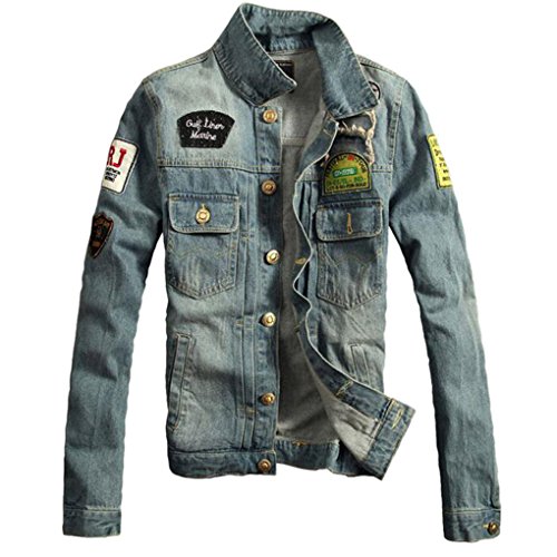 7570540544881 - A POCKET OF SUNSHINE FASHION MENS DISTREESED JEAN JACKETS PLUS SIZE 4XL SLIM FIT RIPPED DENIM JACKET WITH PATCHES LIGHT BLUEXXL