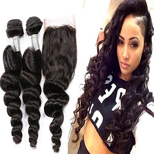 0757490805300 - PASSION BEAUTY BEST QUALITY 4X4 PERUVIAN HAIR CLOSURE FREE PART LOOSE WAVE LACE CLOSURE WITH PERUVIAN WEAVE 3 BUNDLES (20 22 24+20 CLOSURE)