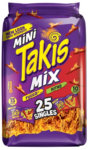 0757528042486 - MINI TAKIS - CRUNCHY ROLLED TORTILLA CHIPS – NITRO AND FUEGO FLAVOR MIX, 25 INDIVIDUAL SNACK PACKS (1.2 OZ)