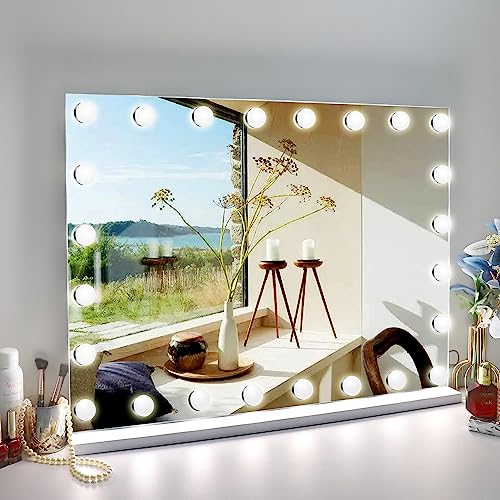 0757611674525 - ZDORZI 31.5X 23.6 VANITY MIRROR MAKEUP MIRROR WITH LIGHTS,10X LARGE HOLLYWOOD LIGHTED VANITY MIRROR WITH 24 DIMMABLE LED BULBS,3 COLOR MODES,TOUCH CONTROL FOR BEDROOM,TABLETOP OR WALL-MOUNTED, WHITE