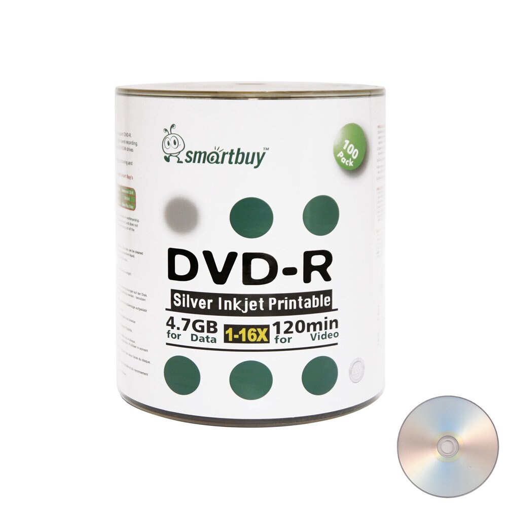 0075841881873 - 100 PACK SMARTBUY 16X DVD-R 4.7GB 120MIN SILVER INKJET HUB PRINTABLE DATA BLANK MEDIA DISC