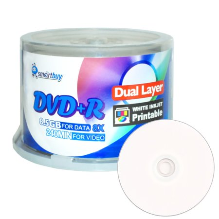 0758418818907 - SMART BUY 50 PACK DVD+R DL 8.5GB 8X DVD PLUS R DOUBLE LAYER PRINTABLE WHITE INKJET BLANK DATA RECORDABLE MEDIA 50 DISCS SPINDLE