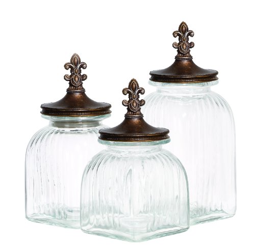 0758647499502 - DECO 79 GLASS CANISTER, 15 BY 13 BY 11-INCH, BRASS BROWN, SET OF 3