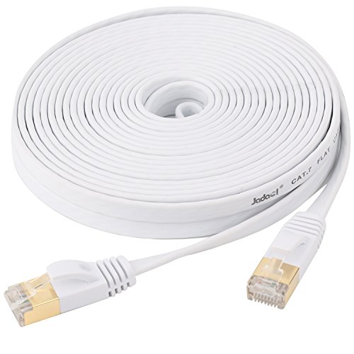 0758910179902 - CAT7 ETHERNET CABLE 25 FT FLAT, JADAOL® SHIELDED (STP) NETWORK CABLE CAT 7 FLAT ETHERNET PATCH CABLE, INTERNET COMPUTER CABLE WITH SNAGLESS RJ45 CONNECTORS - 25 FEET WHITE (7.62METERS)