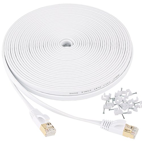 0758910179919 - CAT7 ETHERNET CABLE FLAT WITH CLIPS, JADAOL® SHIELDED (STP) WITH SNAGLESS RJ45 CONNECTORS - 50 FEET WHITE (15 METERS)
