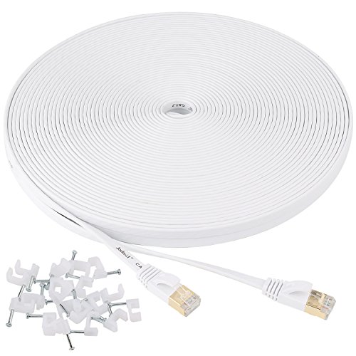 0758910179926 - CAT7 ETHERNET CABLE FLAT WITH CLIPS, JADAOL® ETHERNET PATCH CABLE WITH SNAGLESS SHIELDED (STP) RJ45 CONNECTORS - 100 FEET WHITE (30METERS)