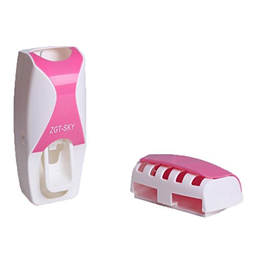 0759218346232 - ZGT-SKY TOOTHPASTE DISPENSER WITH TOOTHBRUSH HOLDER SET, KIDS HANDS FREE SQUEEZER (PINK)