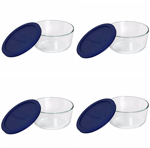 0759284537022 - PYREX STORAGE 4-CUP ROUND DISH WITH DARK BLUE PLASTIC COVER, CLEAR (CASE OF 4 CONTAINERS)