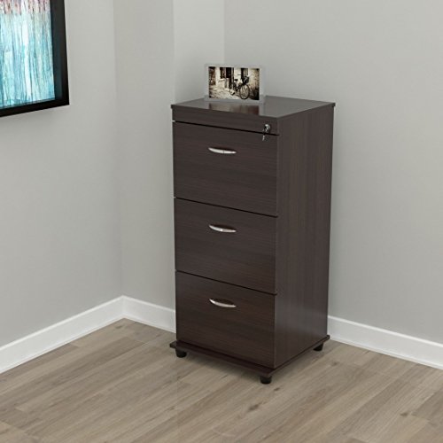 0759455240065 - THREE-DRAWER ESPRESSO LOCKING FILE CABINET, ORGANIZE PAPERS IN THIS THREE-DRAWER COMMERCIAL GRADE FILE CABINET.