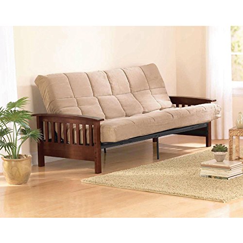 0759455256745 - BETTER HOMES AND GARDENS NEO MISSION FUTON, BROWN. SOLID WOOD ARM FUTON WITH WALNUT FINISH.