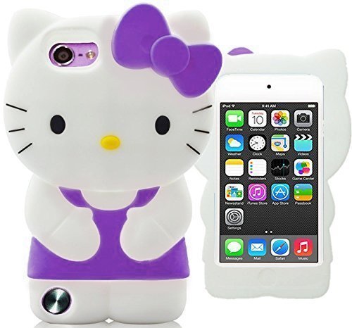 0759754364356 - PRETTY 3D HELLO KITTY PURPLE WHITE CASE FOR APPLE IPOD 5 & IPOD 6 TOUCH GEN PROTECTIVE DRESS & BOW CUTE SILICONE COVER SKIN WITH FREE HELLO KITTY WATERPROOF PRINCESS KITTY STICKER