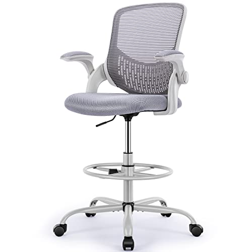 0759784442512 - DRAFTING CHAIR TALL OFFICE CHAIR FOR STANDING DESK ADJUSTABLE HEIGHT OFFICE DESK CHAIR WITH ADJUSTABLE OPENABLE ARMRESTS AND FOOT-RING FOR TASK, WORKING, DRAFTING, STUDING, GRAY
