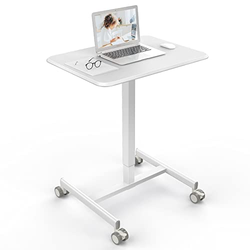 0759784443113 - SMALL STANDING LAPTOP DESK MOBILE STANDING DESK MANUAL ADJUSTABLE HOME OFFICE DESK HEIGHT FROM 28.5“ TO 42.7 ROLLING STANDING DESK 48 X 65“ FOR WORKING, MEETING, TEACHING, SPEECHING, WHITE