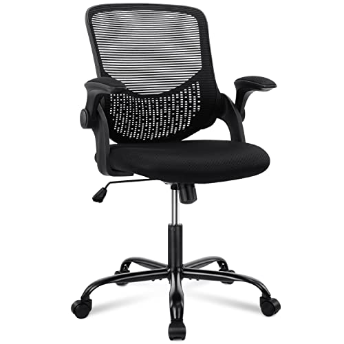 0759784443144 - OFFICE CHAIR, ERGONOMIC COMPUTER CHAIR MESH HOME OFFICE DESK CHAIRS WITH FLIP-UP ARMRESTS, ROLLING SWIVEL CHAIR WITH LUMBAR SUPPORT HEIGHT ADJUSTABLE, BLACK