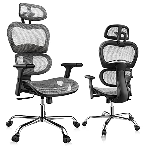 0759784443526 - OFFICE CHAIR, ERGONOMIC OFFICE CHAIR, HIGH BACK HOME OFFICE DESK CHAIRS WITH ADJUSTABLE HEADREST ARMRESTS, BREATHABLE MESH OFFICE CHAIR WITH LUMBAR SUPPORT AND TILT FUNCTION GAMING HOME OFFICE, GREY