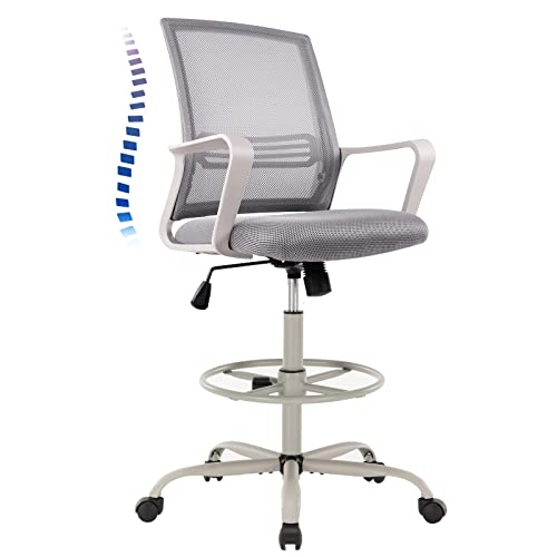 0759784778505 - DRAFTING CHAIR, TALL OFFICE CHAIR, COUNTER HEIGHT OFFICE CHAIRS, HIGH ADJUSTABLE STANDING DESK CHAIR, ERGONOMIC MESH COMPUTER TASK CHAIR WITH ARMRESTS AND ADJUSTABLE FOOT-RING FOR BAR HEIGHT DESK