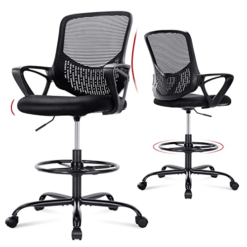 0759784788894 - MID-BACK MESH DRAFTING CHAIR - TALL OFFICE CHAIR WITH ARMREST STANDING DESK CHAIR COUNTER HEIGHT WITH ADJUSTABLE FOOT RING (BLACK)
