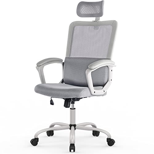 0759784789341 - OFFICE CHAIR, ERGONOMIC MESH HOME OFFICE COMPUTER CHAIR WITH LUMBAR SUPPORT MESH ADJUSTABLE HEADREST ARMREST AND WHEELS SWIVEL ROLLING (GREY)