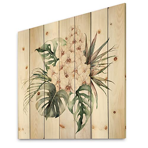 0759951031815 - DESIGNQ BOUQUET WITH ORCHIDS MONSTERA AND COCONUT LEAVES - TRADITIONAL PRINT ON NATURAL PINE WOOD