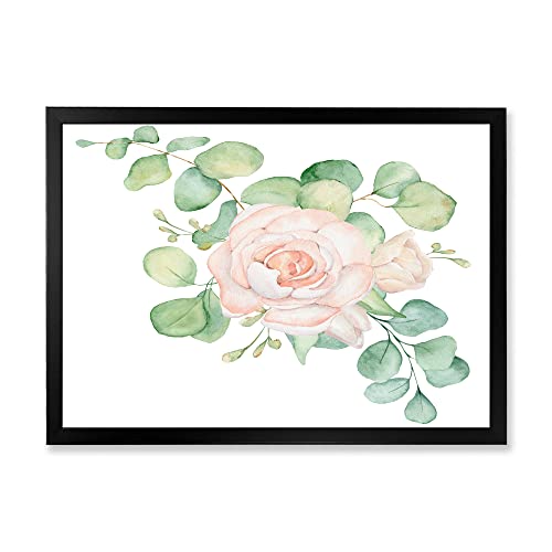 0759951894502 - DESIGNQ PINK ROSES FLOWERS AND EUCALYPTUS LEAVES BOUQUET TRADITIONAL FRAMED WALL ART
