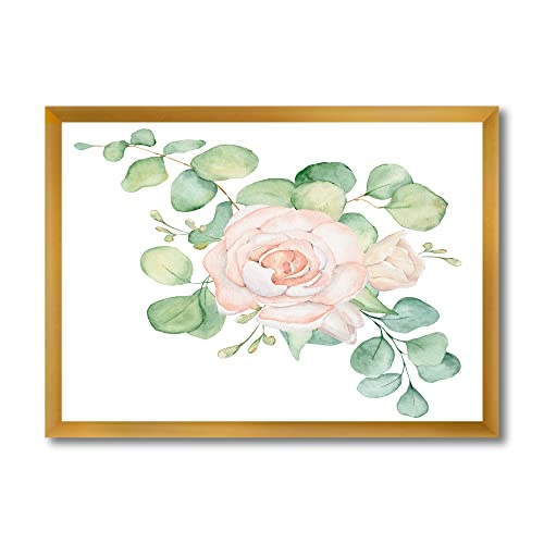 0759951894540 - DESIGNQ PINK ROSES FLOWERS AND EUCALYPTUS LEAVES BOUQUET TRADITIONAL FRAMED WALL ART