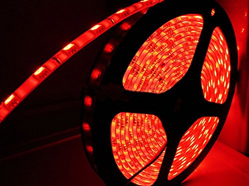 0759972070558 - 5050 LED STRIP LIGHTS SINGLE COLOR 300LEDS 16.4FT/5M + 12V 5A POWER SUPPLY + BLACK RED CONNECTOR WIRE (WATERPROOF , RED COLOR) SEARIK