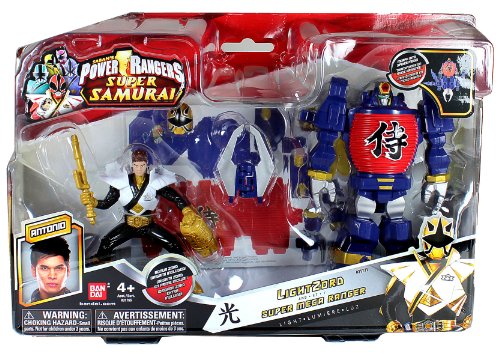 0760236927686 - BANDAI YEAR 2012 POWER RANGERS SAMURAI SERIES ACTION FIGURE ZORD VEHICLE SET - LIGHT ZORD WITH 4 INCH TALL LIGHT GOLD SUPER MEGA RANGER ANTONIO AND REMOVABLE MASK