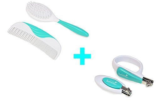 0760488366745 - SUMMER INFANT BRUSH AND COMB + NAIL CLIPPER SET, TEAL/WHITE