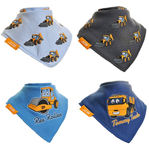 0760488999738 - JCB FOR ZIPPY, FUN BABY AND TODDLER BANDANA BIB - ABSORBENT 100% COTTON FRONT DROOL BIBS WITH ADJUSTABLE SNAPS (4 PACK GIFT SET) JOEY JCB AND FRIENDS BLUE AND GREY SET