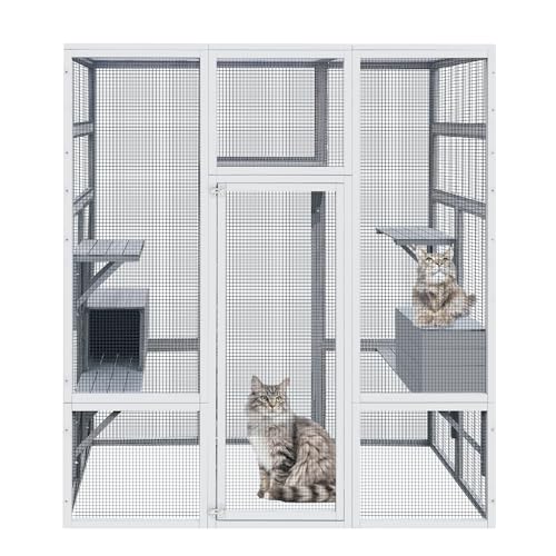 0760580523275 - SONGG WOODEN CATIO OUTDOOR CAT ENCLOSURE W/ 2 NAPPING HOUSES, 62.6 LUXURY KITTY-HOUSE WITH 7 JUMPING PLATFORMS & WEATHERPROOF ASPHALT ROOF, WALK-IN KITTY KENNEL CONDO SHELTER