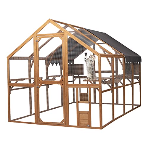 0760580523398 - SONGG LARGE WOODEN CATIO OUTDOOR CAT ENCLOSURE W/ 2 NAPPING HOUSES, 110.2 LUXURY PET-HOUSE WITH JUMPING PLATFORMS & WEATHERPROOF ROOF, WALK-IN KITTY KENNEL CONDO SHELTER
