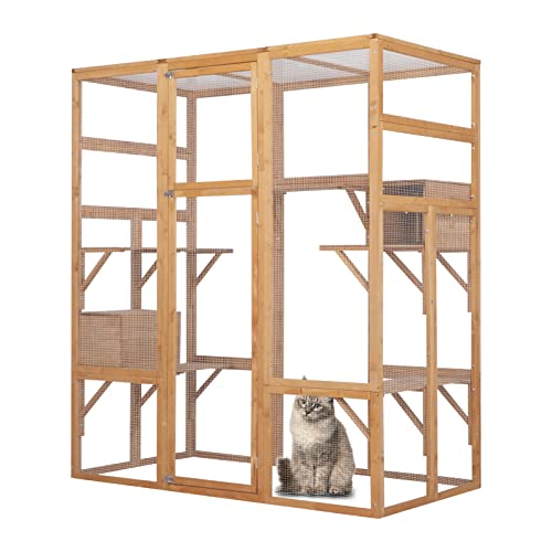 0760580523442 - SONGG WOODEN CATIO OUTDOOR CAT ENCLOSURE W/ 2 NAPPING HOUSES, 62.6 L LUXURY KITTY-HOUSE WITH 7 JUMPING PLATFORMS & WEATHERPROOF TARPAULIN, WALK-IN KITTY KENNEL CONDO SHELTER
