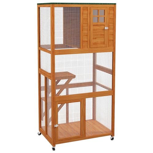 0760580531386 - FEIYAW 74 INCH WOODEN CATIO OUTDOOR CAT ENCLOSURE ON WHEELS, LUXURY KITTY-HOUSE WITH RESTING HOUSE, 2 JUMPING PLATFORMS & WEATHERPROOF ASPHALT ROOF, KITTY CONDO CAGE SHELTER PLAYPEN